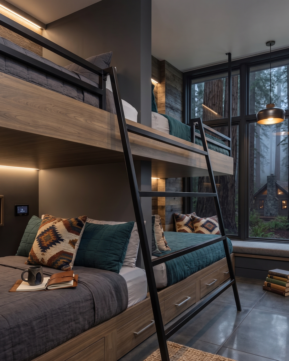 Mountain bunk room with integrated wood bunks, black ladder and warm lighting