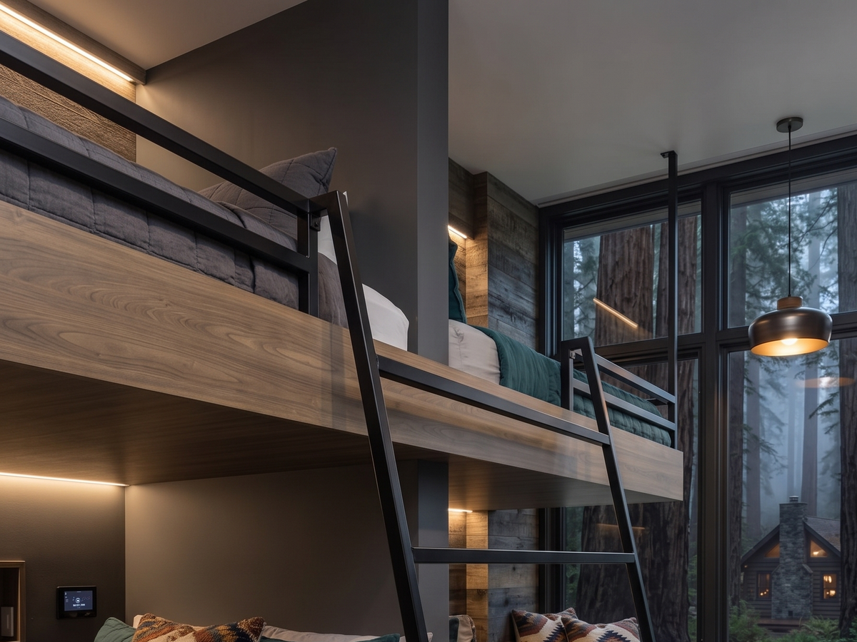 Luxury mountain bunk room with integrated wood millwork, black ladder, and warm lighting