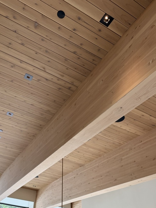 Cedar T&G ceiling and timber beam detail at The Colony